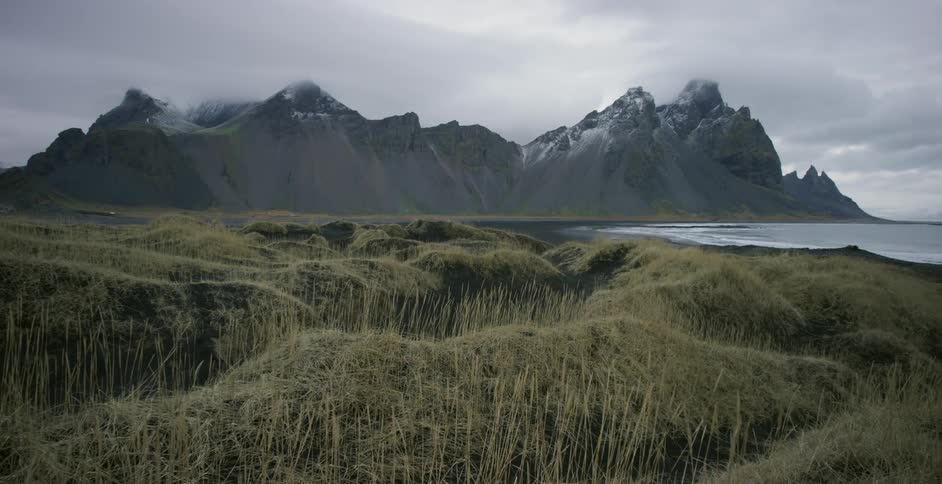 Grass blowing in a breeze near a mountain