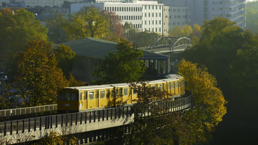 A yellow train slows as it reaches a covered platform in the tree tops in Berlin