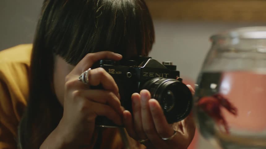 A woman taking a photo of a fish in a bowl