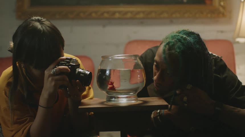 A man and woman taking pictures of a fish in a bowl