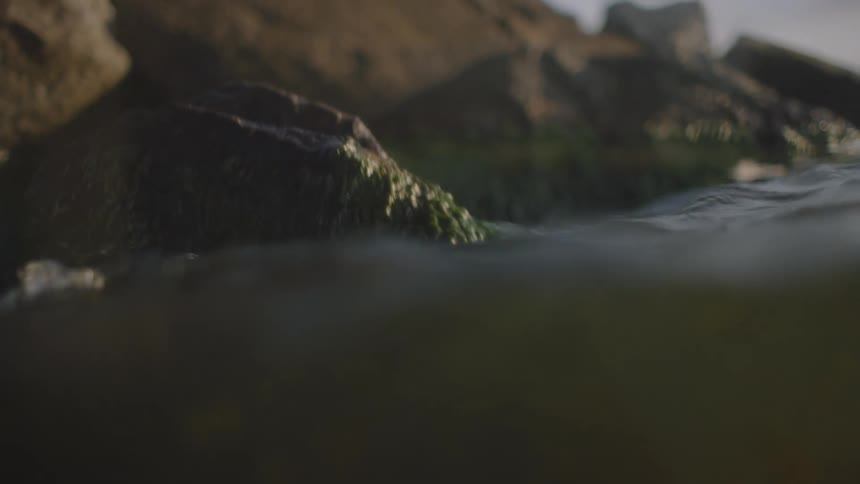 Water gently flows around and over a rock near shore