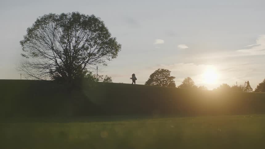 Man and woman cuddling on hill next to tree are silhouetted against the sunset seen from distance