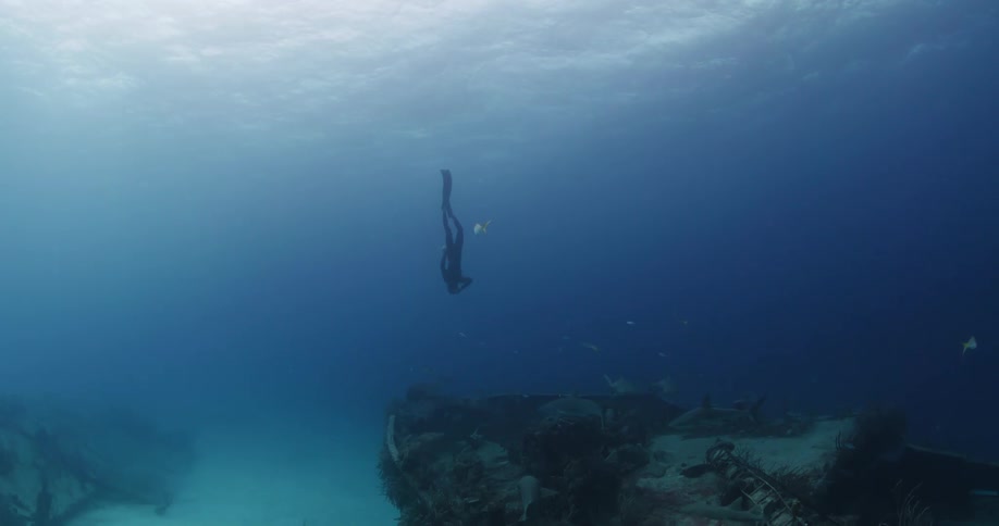 A diver swims toward a wrecked ship on the ocean floor