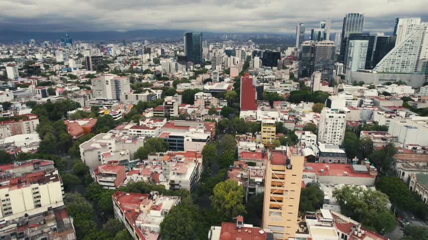 Buildings in the downtown area of a metropolis on a cloudy day