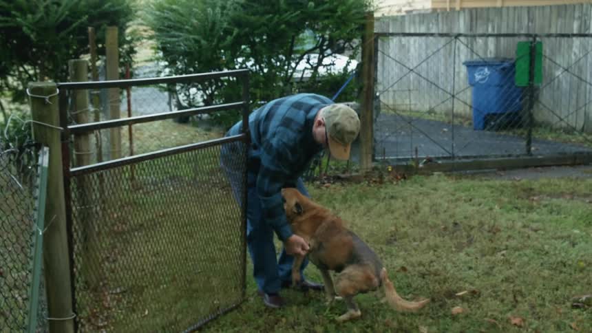 An elderly man in his yard reaches down and pets his dog