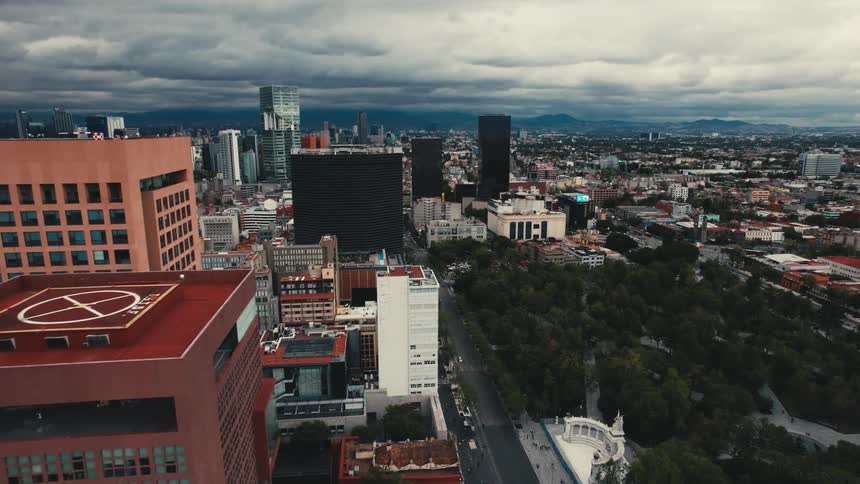 Aerial view of the skyscrapers on the city skyline on an overcast day