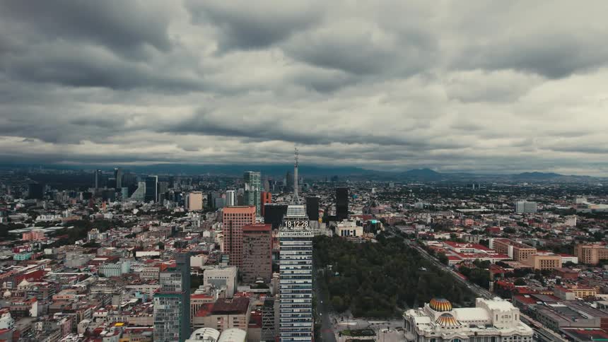 Aerial view of office buildings and sky scrapers in a city