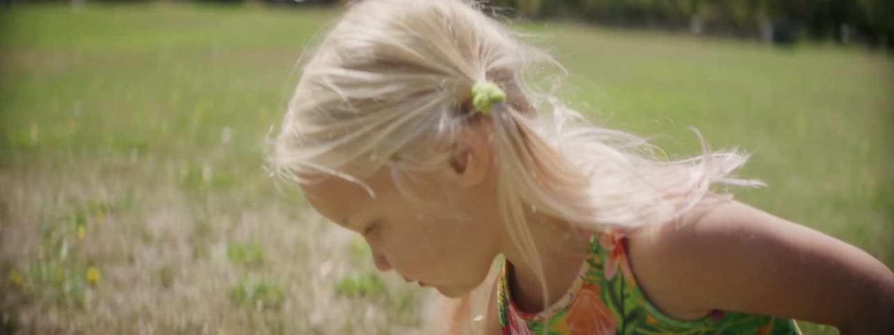 A young girl picks a dandelion from a field during the day