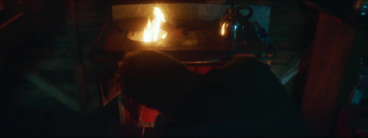 A man adds more wood to a stove as flames come through the burners