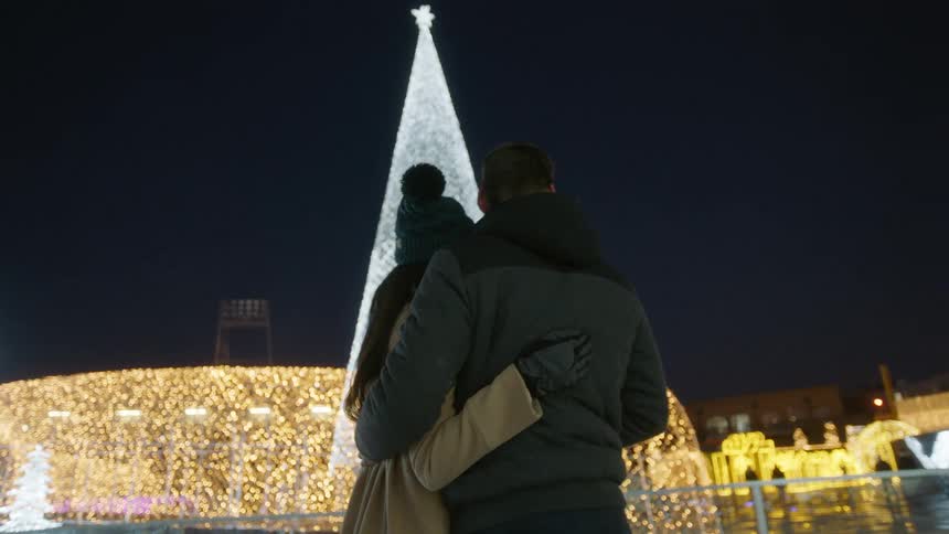 A couple hug in front of the christmas tree light