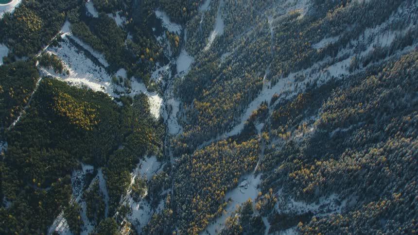 Sunlight shines down on snow dusted and tree covered mountain slopes and valley
