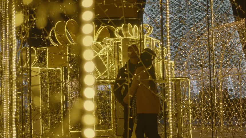 A couple walks on the light park