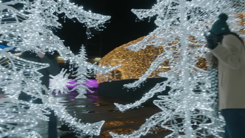 Couple playing with the christmas tree light on the light park