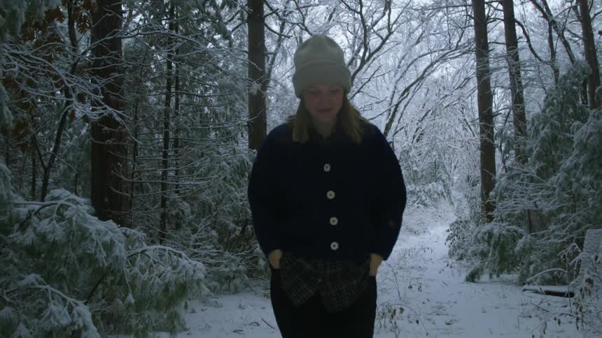Young woman walk alone in the snowy forest at winter