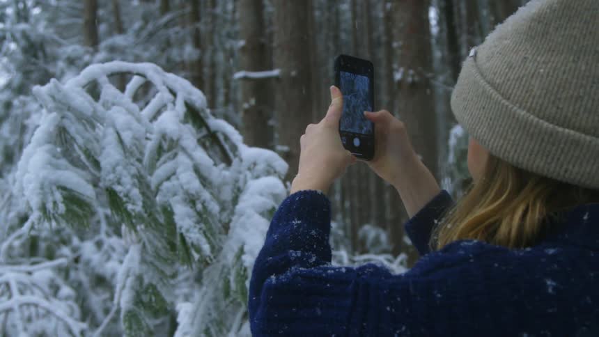 A woman uses her cell phone to take a picture of the snowy woods