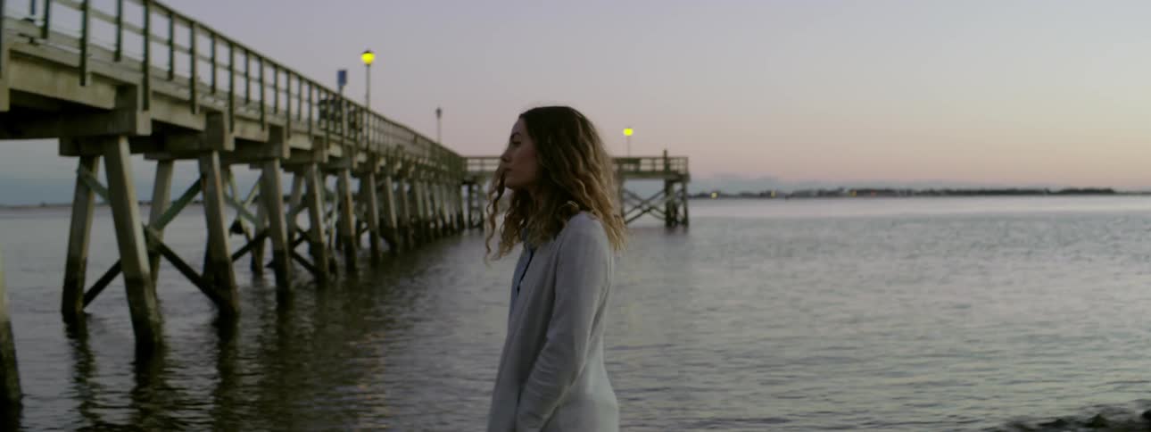 A woman is walking along the shore at sunset