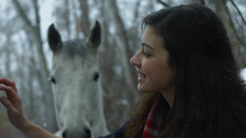 A woman is petting a horse as it snows