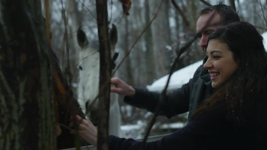 A man and women are outside petting horses as it snows