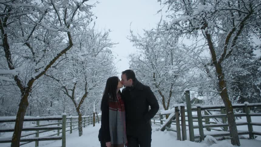 A man and women kiss as it snows