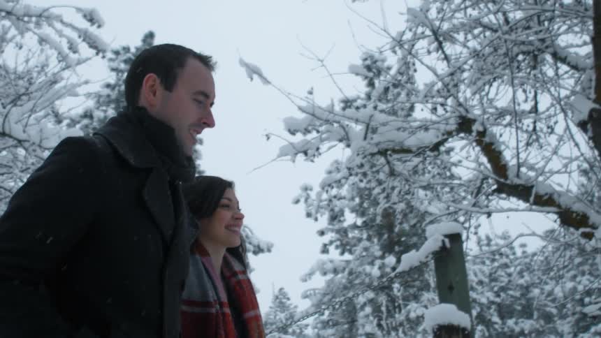 A man and women are walking near the woods as it snows