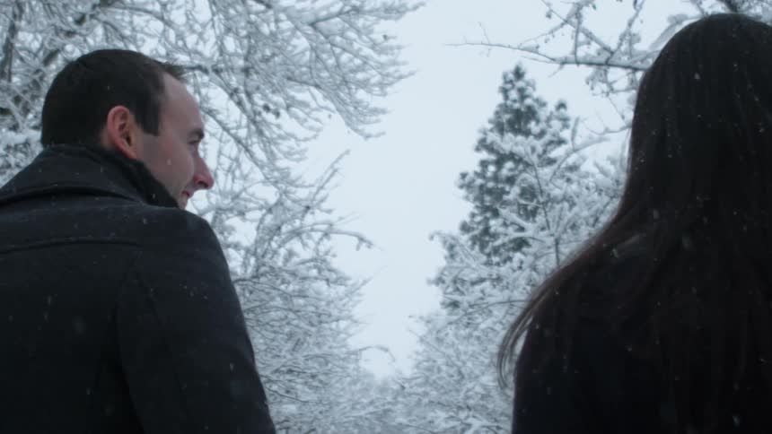 Snow falls on a smiling couple standing outside