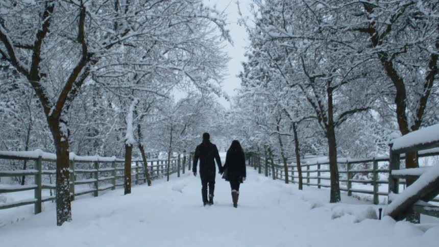 A man and women walk down a trail as it snows