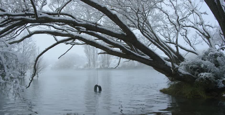 A foggy lake in the winter