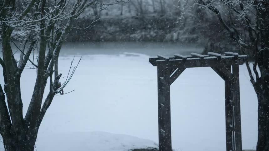 A heavy snowfall on a wooden structure surrounded by trees