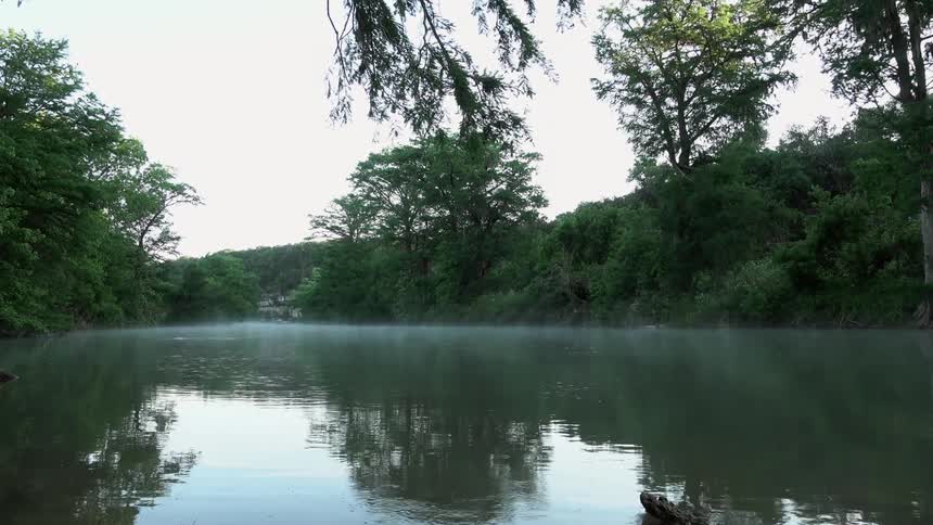 A misty river between forests during the day