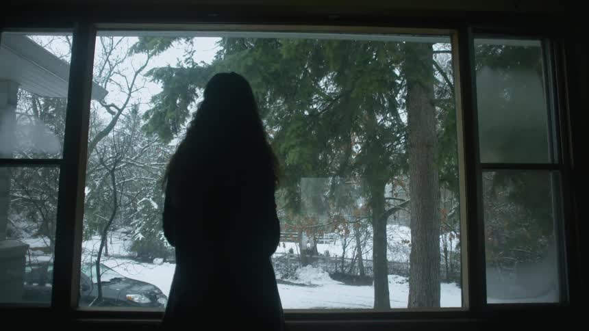 A woman approaching and looking out of a large window