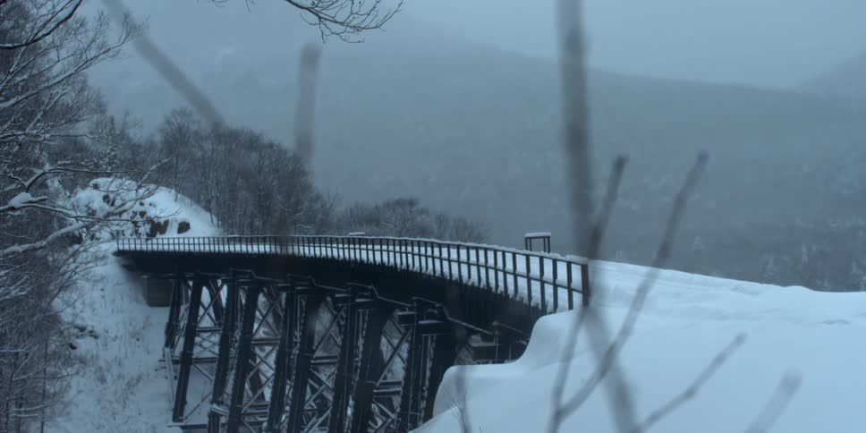 Fog drifts in the air across a bridge in a winter landscape during the day