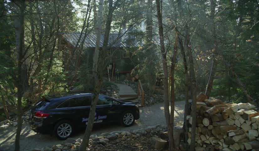 A view of a car pulling up the driveway at a house