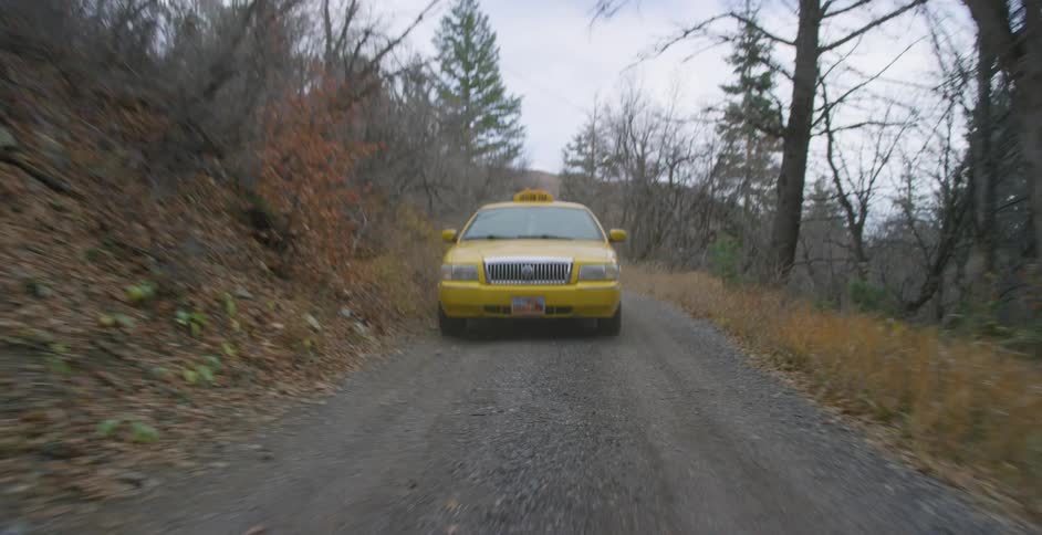 A taxi cab travels along a narrow road through a woodland during the day