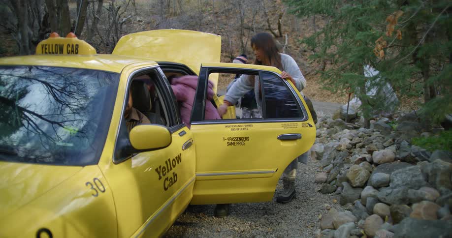 A family getting into a taxi together