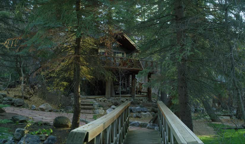 A narrow bridge with wooden railings leads to a secluded home in the trees