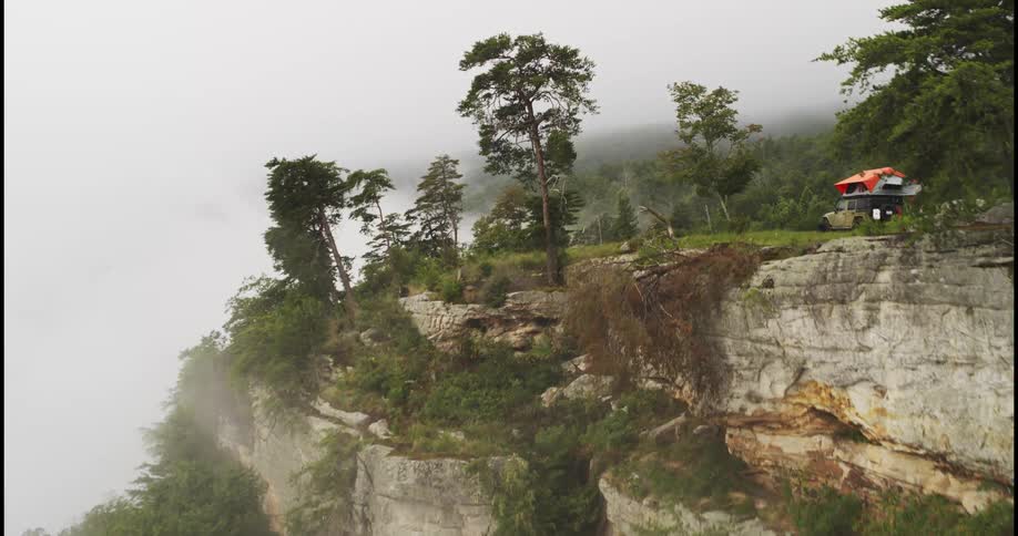 A cliff and forest shrouded in thick fog during the day