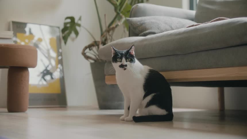 A cat sitting in a room in front of a couch