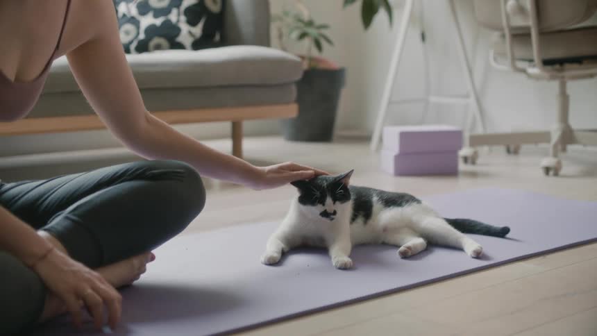 A woman sitting cross legged on a yoga mat pets and scratches her black and white cat