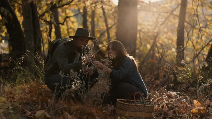 A man and woman crouch down in the forest to examine a plant
