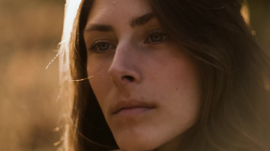 A woman looks forward blinking
