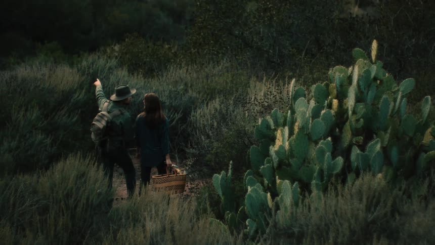 A man and woman standing outdoors on a hiking trail