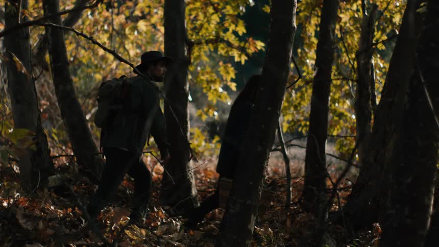 Two people that are walking outdoors in a forest