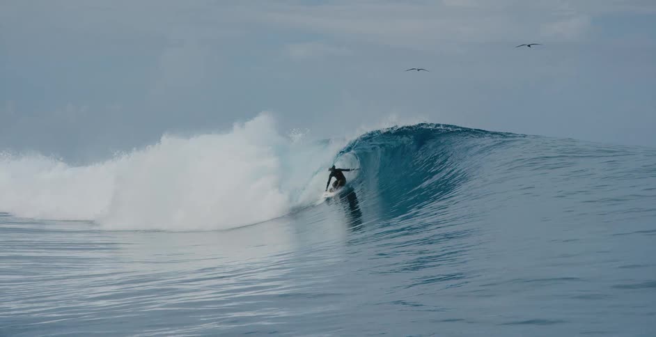 Teen surfer with long hair and wetsuit rides sea wave