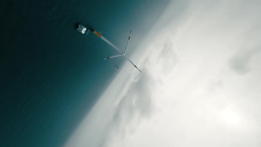 Aerial view of an offshore wind turbine