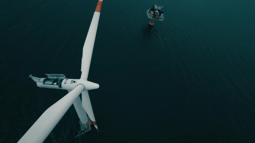 Aerial view of an offshore wind turbine