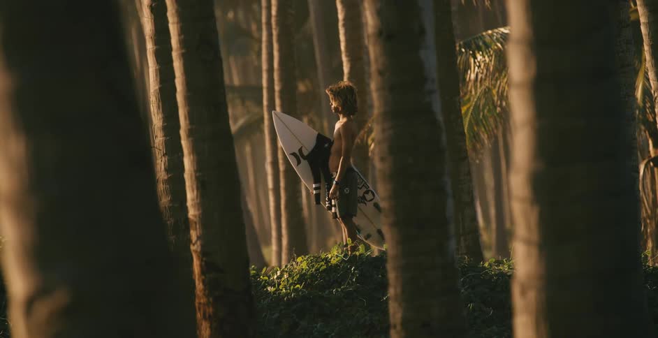 A boy is standing in a woodland area while holding a surfboard and looking toward the setting sun