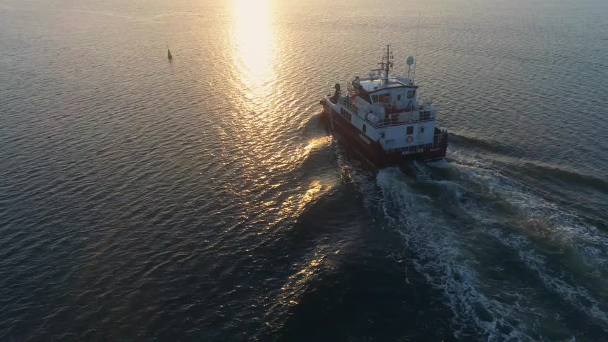 Aerial view of boat traveling across the sea at sunrise
