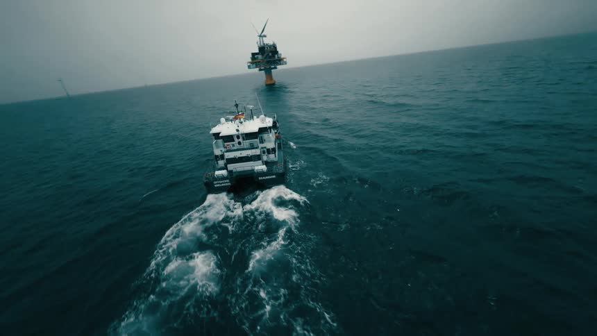 A boat is sailing across the water and there is an offshore structure and wind turbines in the distance