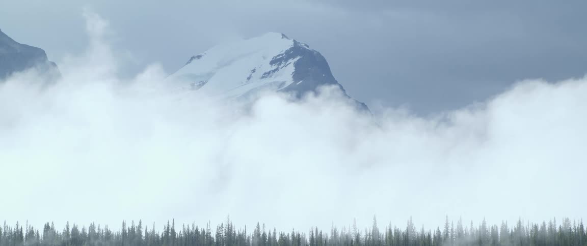 A snowy mountain peak poking out from dense clouds in nature