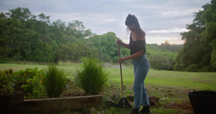 Woman with black blouse and jeans gathers fallen leaves with rake in the countryside